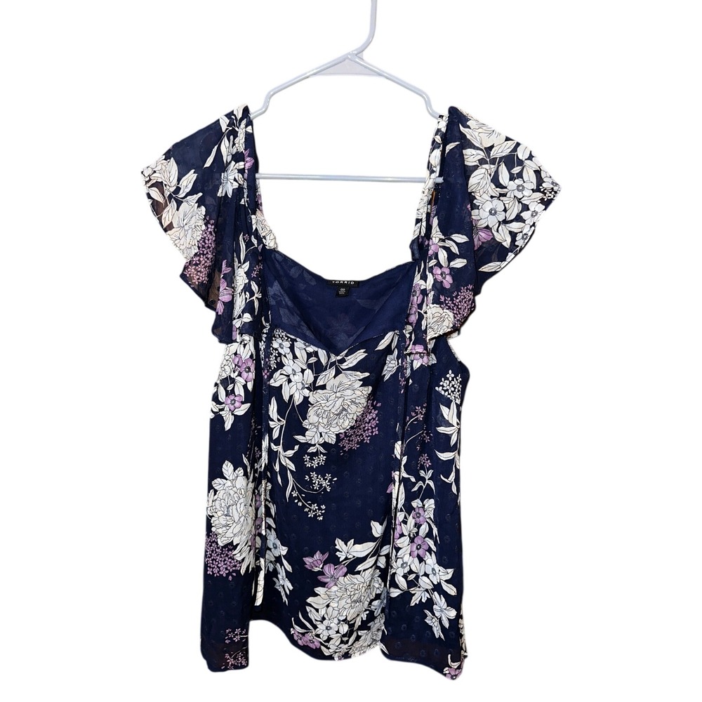 Torrid Navy Floral Cold Shoulder Flutter Sleeve Smocked Top Plus Size 00